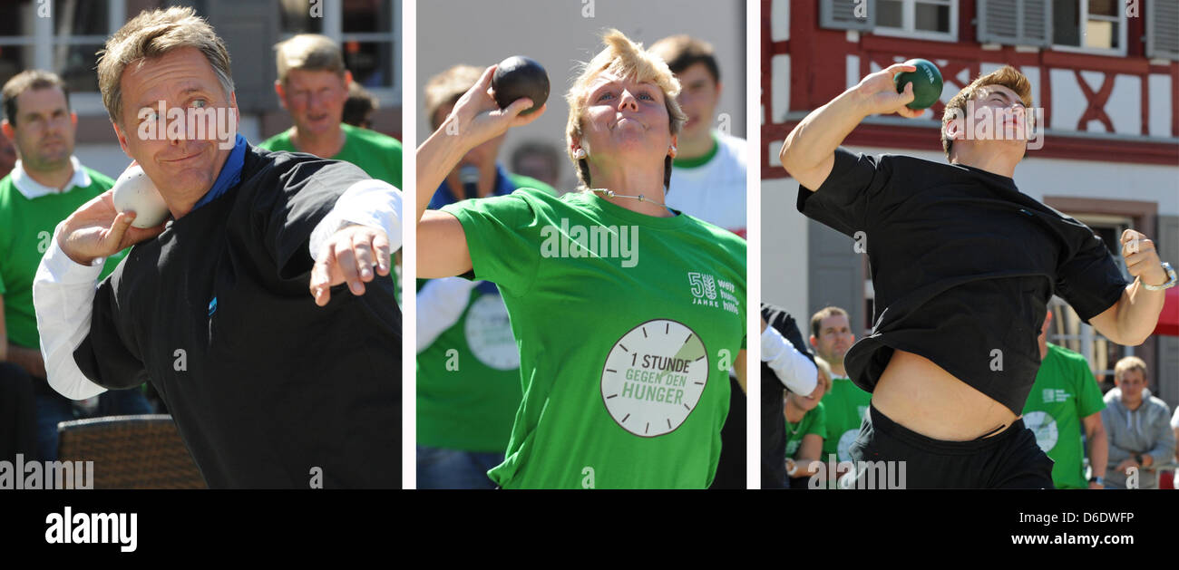 (COMBO) un composito mostra fotografica di ZDF presentor Joerg Pilawa, speer thrower Christina Obergfoell che regna e colpo messo campione del mondo e argento olimpico medaglia a Londra David Storl (L-R) mettendo il colpo in Offenburg, Germania, 14 settembre 2012. Numerose celebrità hanno partecipato in un colpo messo la concorrenza per una campagna di donazione per il mondo tedesco Organizzazione di Fame. Foto: Patr Foto Stock
