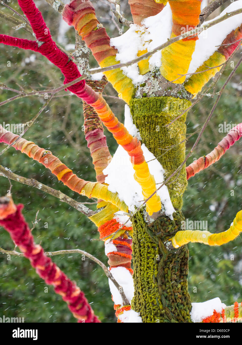 Un albero avvolto in lana per motivi di Rydal Hall, Ambleside, Lake District, UK. Foto Stock