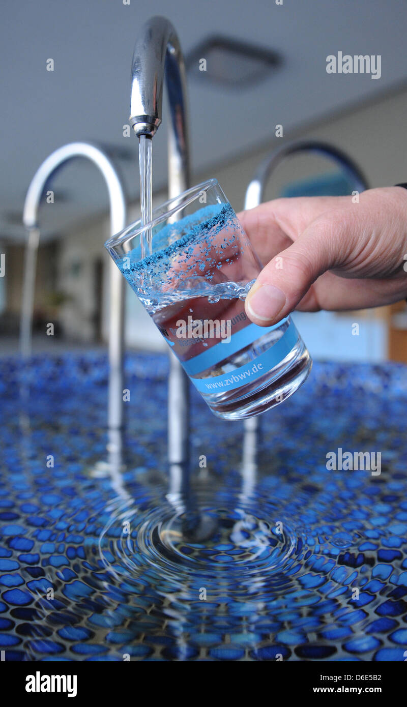 Un glas è riempito con acqua dal Lago di Costanza al lago di costanza di alimentazione acqua Association (BWV) in Ueberlingen, Germania, 14 dicembre 2011. L'acqua viene pompata da una profondità di 60 m in un bacino. L'acqua purificata viene quindi alimentato nella rete di alimentazione che arriva alla molto a nord di Baden-Wuerttemberg. Circa 4 milioni di persone sono forniti con 140 milioni di metri cubi di wa Foto Stock