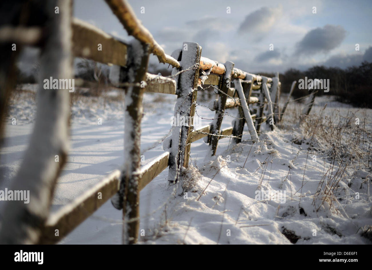 Sole di mattina si illumina una coperta di neve prato vicino a Kassel, Germania, 20 gennaio 2012. Un sottile strato di neve fresca è apparso nelle ore del mattino in alta quota in Germania ma le temperature sono attesi in aumento. Foto: Uwe Zucchi Foto Stock