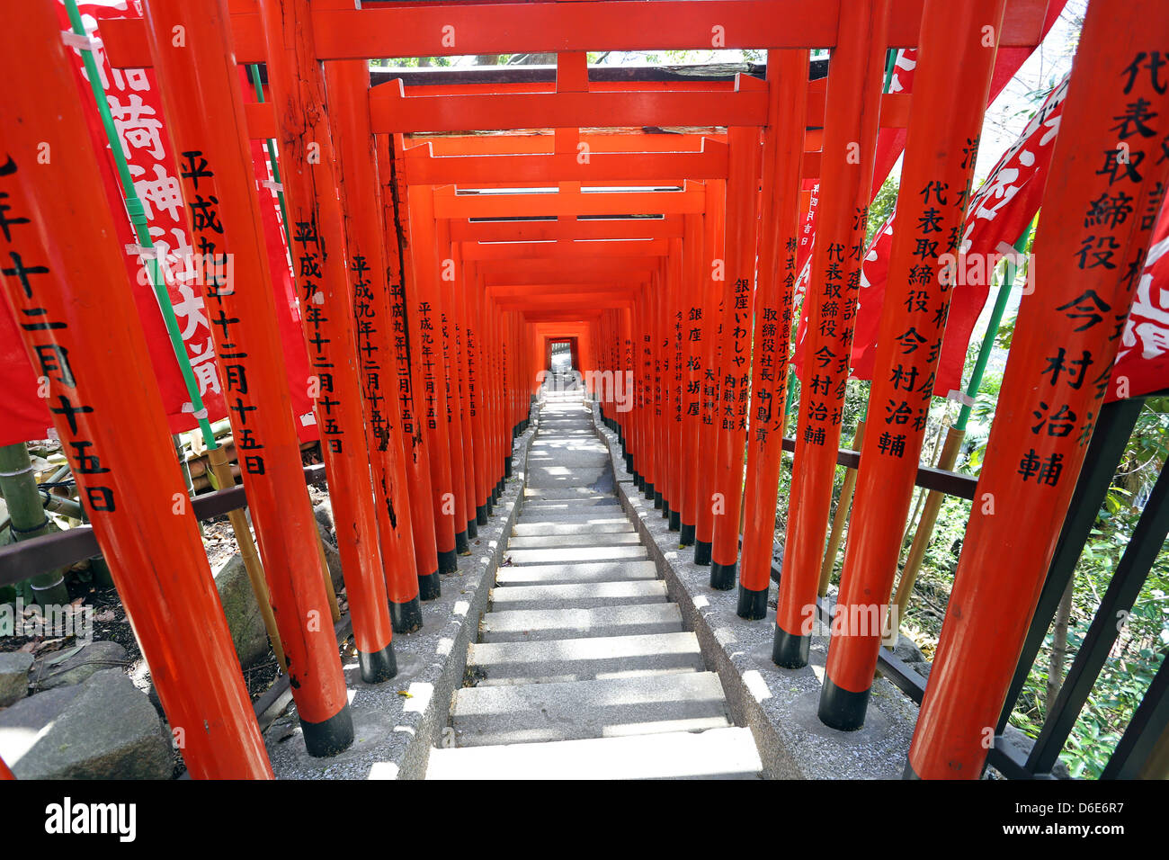 Red Torii gates e passaggi per l'ingresso alla Hie-Jinja sacrario scintoista di Tokyo, Giappone Foto Stock