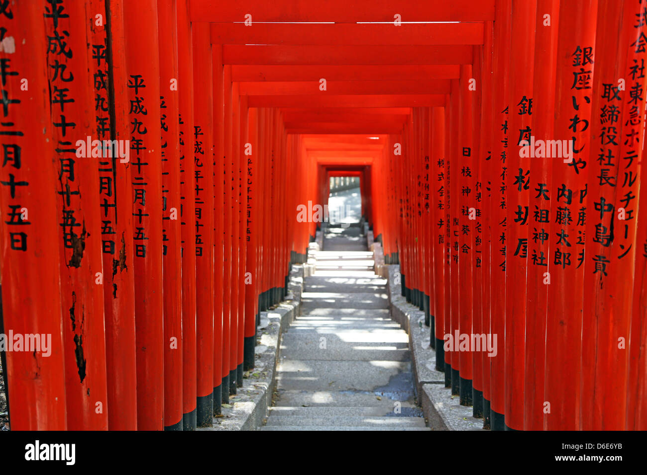 Red Torii gates e passaggi per l'ingresso alla Hie-Jinja sacrario scintoista di Tokyo, Giappone Foto Stock