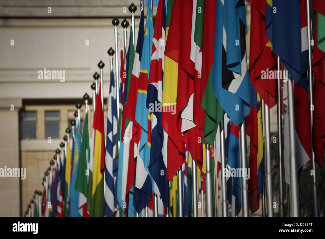 Linea di bandiere la strada all'ingresso dell'Ufficio delle Nazioni Unite a Ginevra, Svizzera, 26 dicembre 2011. Foto: Fredrik von Erichsen Foto Stock