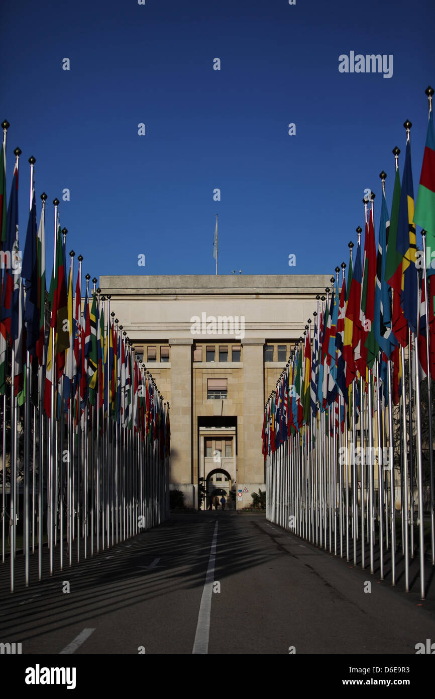 Linea di bandiere la strada all'ingresso dell'Ufficio delle Nazioni Unite a Ginevra, Svizzera, 26 dicembre 2011. Foto: Fredrik von Erichsen Foto Stock