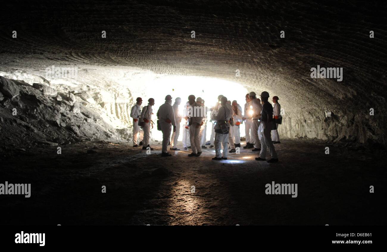 I visitatori guardano il nucleare sgangherato impianto di stoccaggio di rifiuti di Inter vicino remlingen, Germania, 21 gennaio 2012. Foto: Julian Stratenschulte Foto Stock