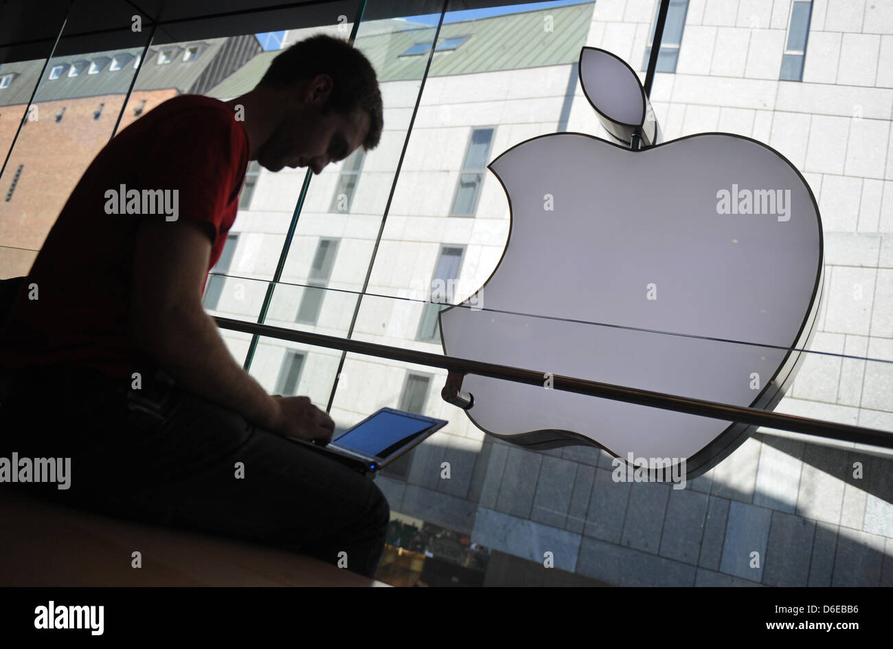 (Dpa) FILE - Un archivio foto, datata 28 maggio 2010, mostra una seduta i clienti con il suo notebook nella parte anteriore di un logo di produttore di computer Apple in un Apple Store a Monaco di Baviera, Germania. Apple ha annunciato i suoi risultati di business per il primo trimestre del corrente anno di attività il 24 gennaio 2012. Foto: Andreas Gebert Foto Stock