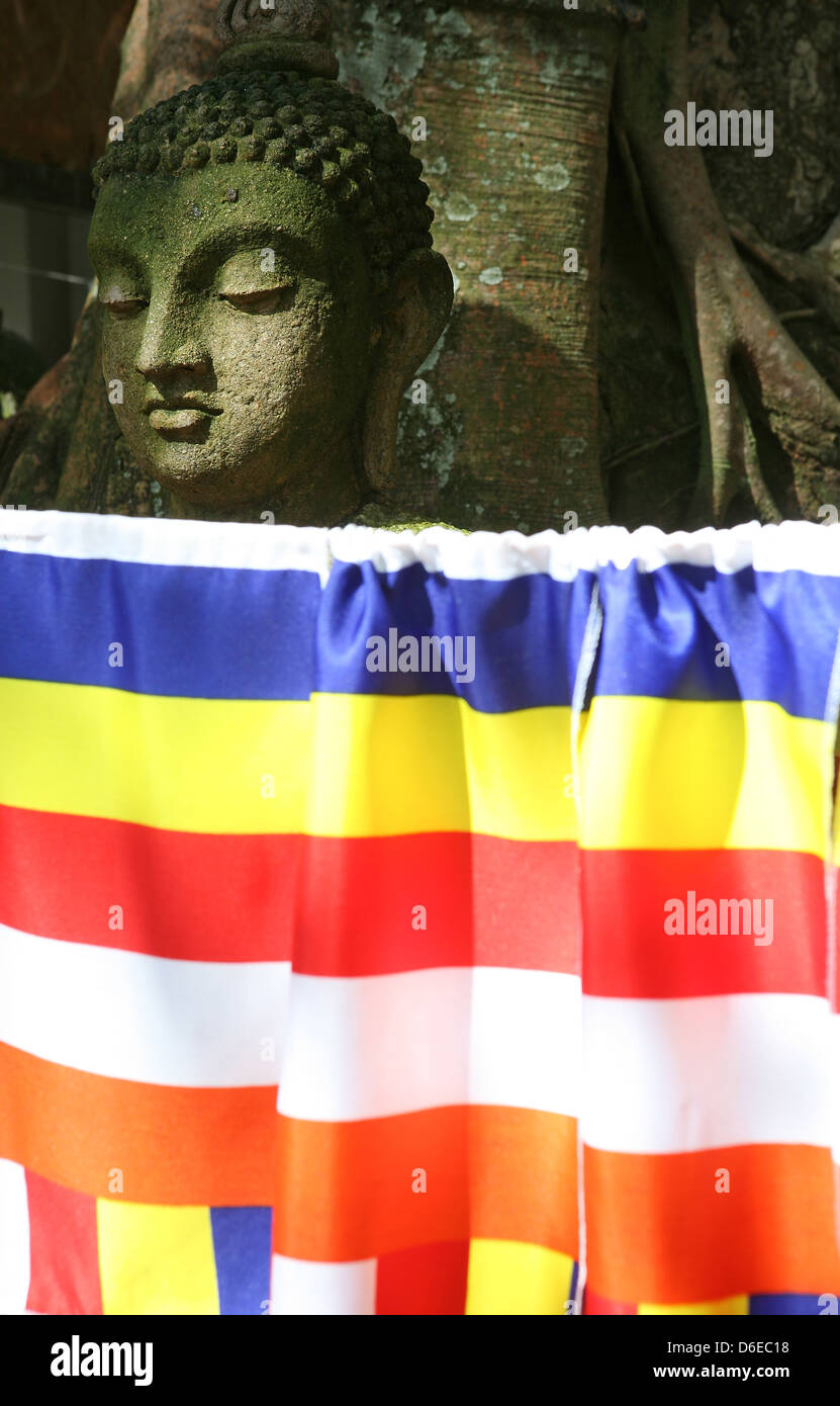 Statua con bandiera buddista, Gangaramaya tempio buddista, Colombo, Sri Lanka Foto Stock