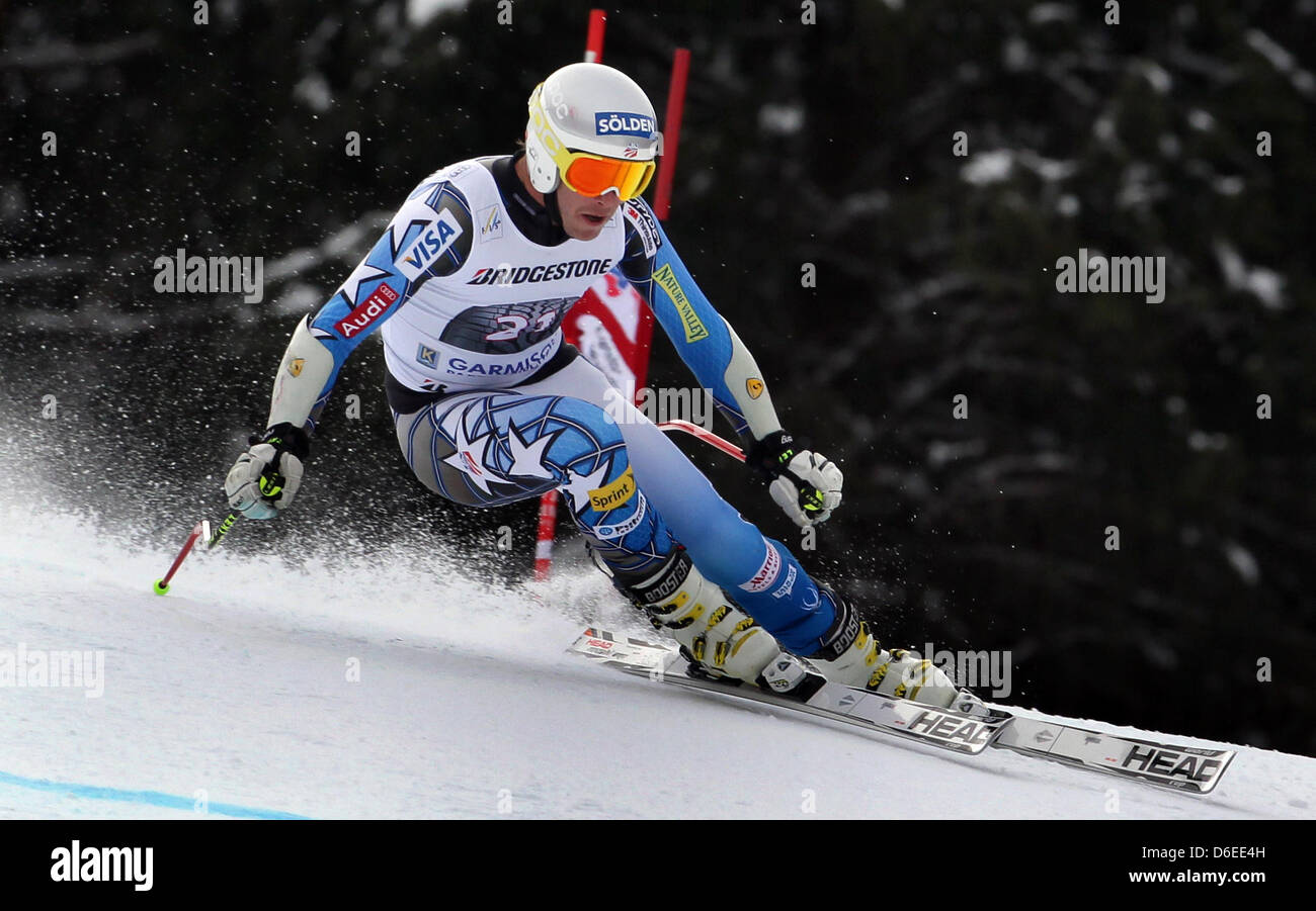 Bode Miller dagli USA gli sci verso il basso il corso di Kandahar durante il secondo ufficiale di uomini in discesa la formazione a Garmisch-Partenkirchen, in Germania, 27 gennaio 2012. Questo fine settimana, le gare di Coppa del Mondo di sci alpino hanno luogo a Garmisch-Partenkirchen. Foto: Karl-Josef Hildenbrand Foto Stock