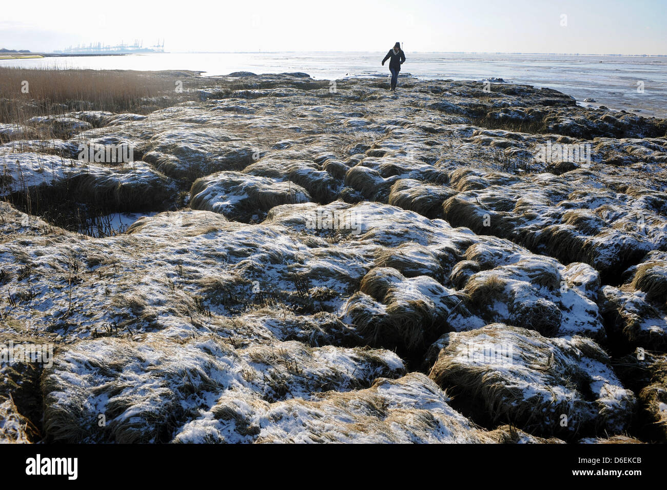 Una donna avvolta fino a caldo si avvicina il congelato il Wadden Sea vicino a Wremen, Germania, 04 febbraio 2012. Il servizio di traghetto per Isole Frisone Orientali è limitata ma non è stata interrotta a causa di un le gelide temperature. Foto: INGO WAGNER Foto Stock