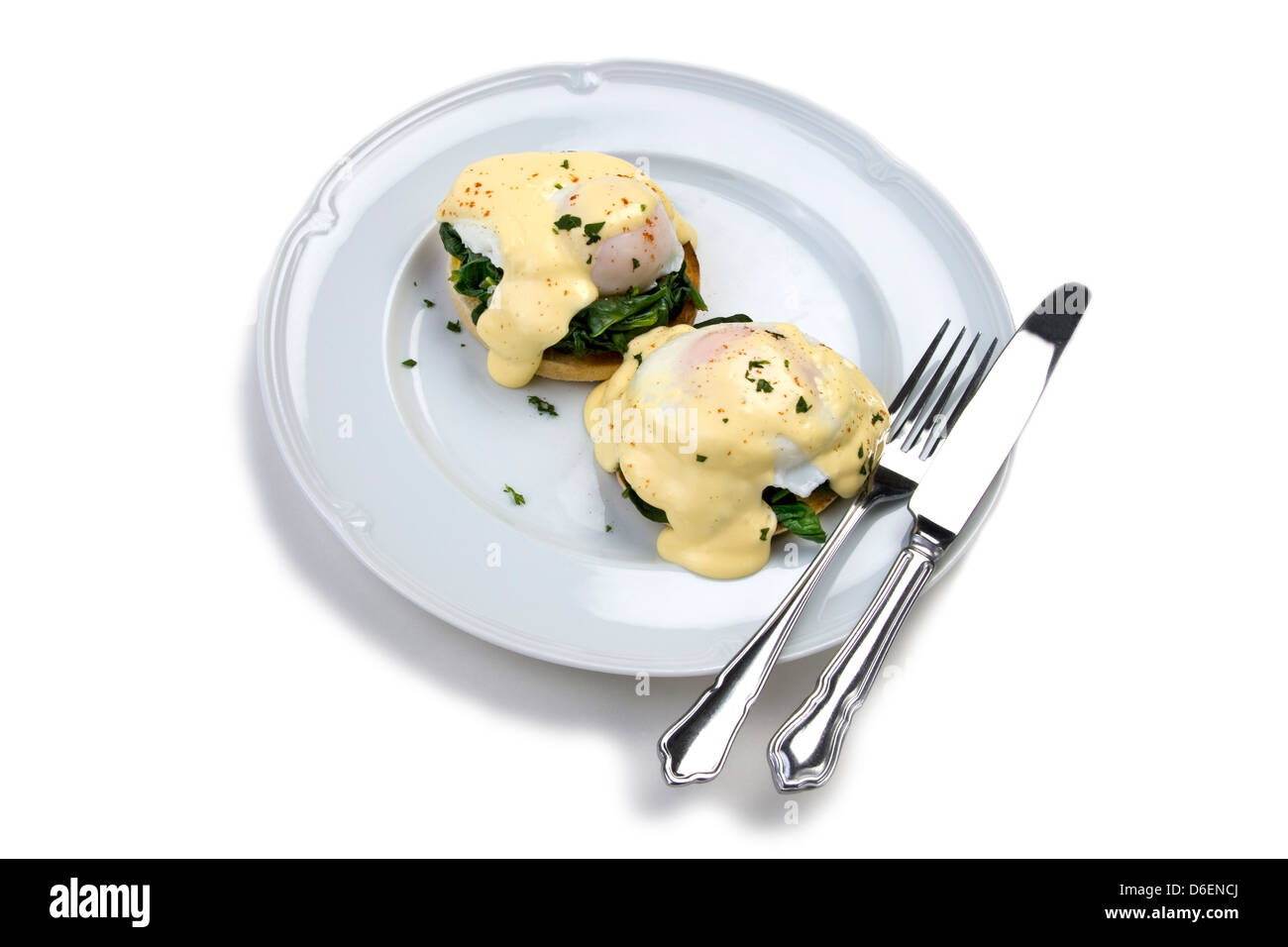 Uova Benedict con spinaci appassito Foto Stock