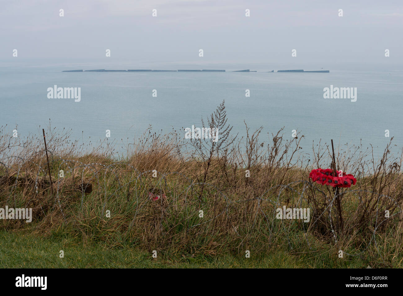 Vista generale della baia di Arromanches-les-bains, Francia. O è stato costruito il porto di gelso per l'atterraggio (WWWII). Ricordo di papavero in primo piano. Foto Stock