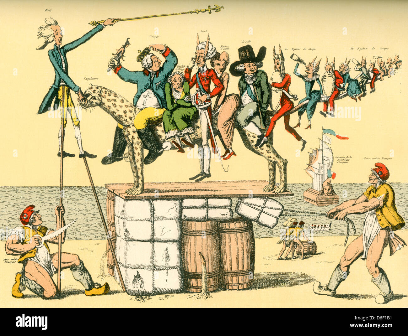 Un complesso satirico francese cartone animato dalla rivoluzionaria era mirato contro English famiglia reale. Foto Stock