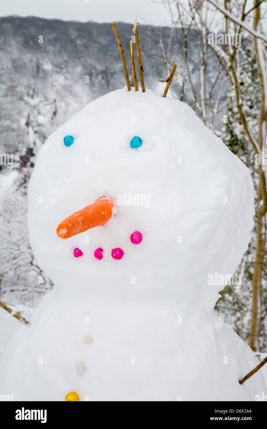 Pupazzo di neve rivolto verso il basso su Clifton a Bristol Regno Unito a metà inverno Foto Stock