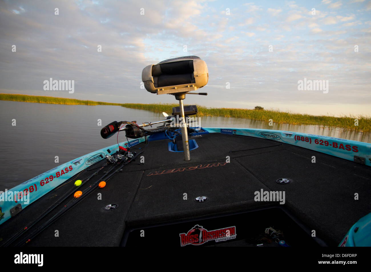 Il lago Okeechobee telai in vista dal ponte di capitano Mark Shepard Ranger 520 bass boat, Clewiston, FL Foto Stock