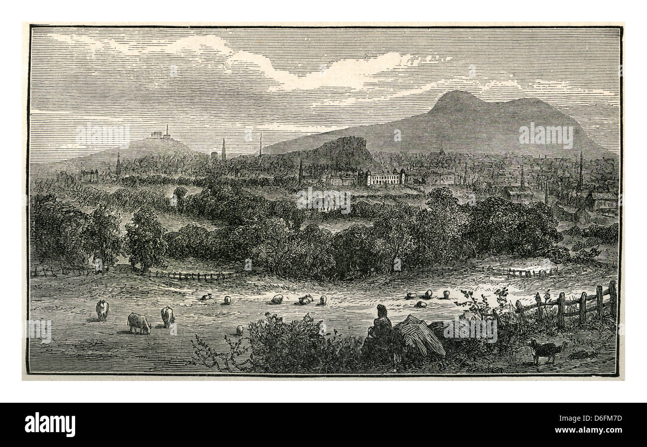 Illustrazione storico di inizio di Edimburgo con belle vedute a nord, est e sud, quest'ultima nota come resto-e-essere-grati Foto Stock