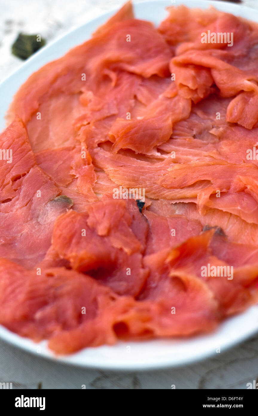 Fette di Salmone affumicato Foto Stock