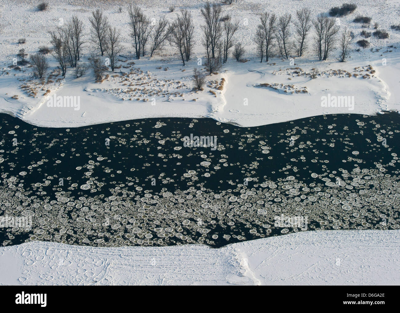 La vista di un piccolo aeroplano mostra floes di ghiaccio che ricopre la superficie del confine fra Germania e Polonia fiume Oder in Ratzdorf, Germania, 10 febbraio 2012. Il fiume Oder è congelato e ricoperta di ghiaccio floes lungo un intervallo di 180 chilometri. Foto: Patrick Pleul Foto Stock