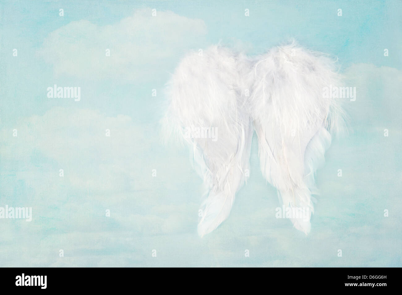 White angel wings su textured blue sky sfondo, con spazio di copia Foto Stock