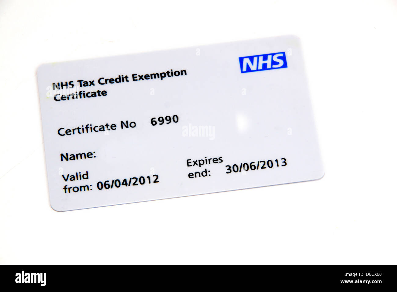 UK NHS credito fiscale del " certificato di esonero " card Foto Stock
