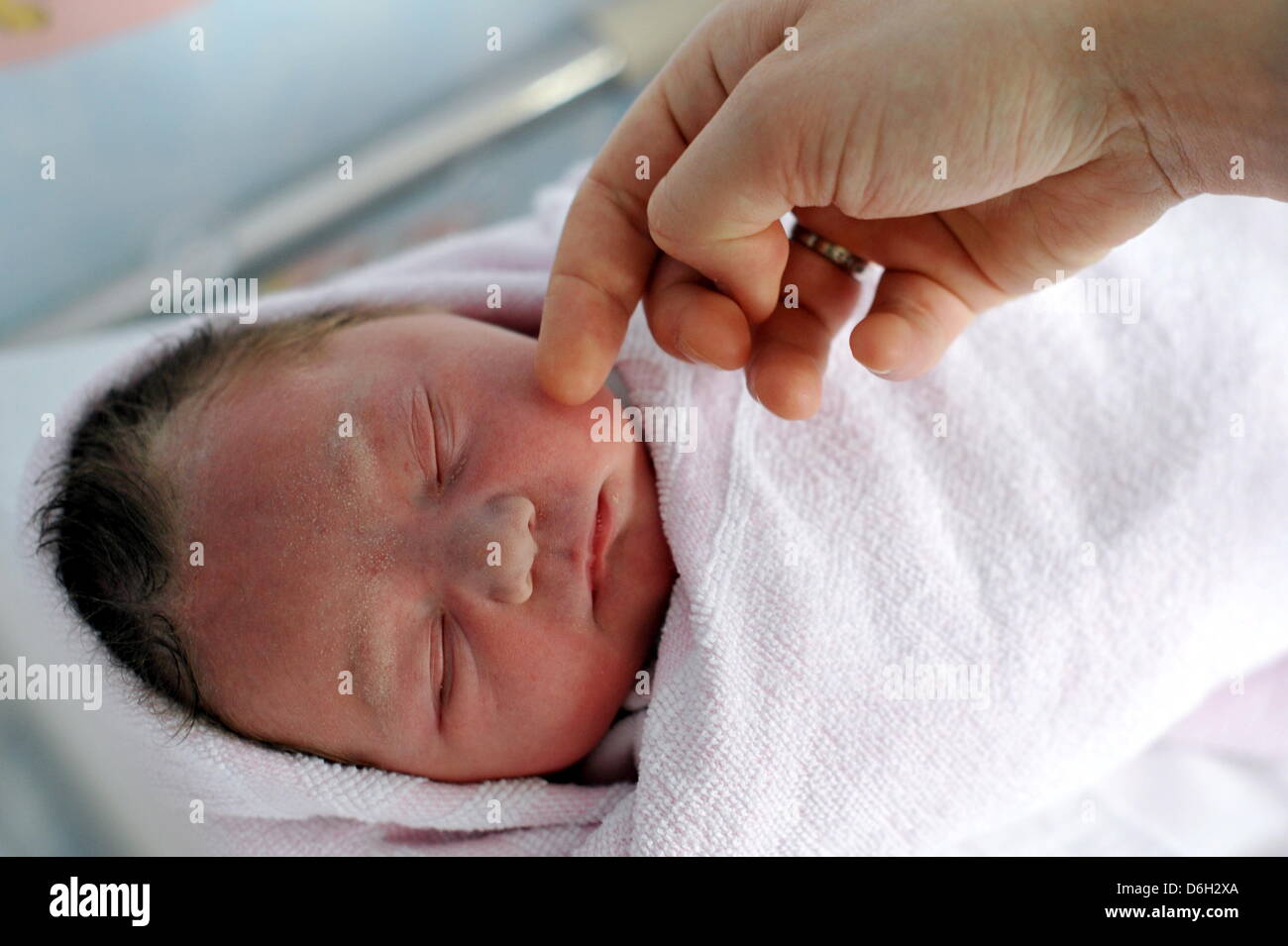 Baby Sophie's guancia è sfregato da sua madre a la donna della clinica di Hannover Medical School di Hannover, Germania, 29 febbraio 2012. Sophie era nato il 29 febbraio 2012 ed è un anno bisestile baby. Il primo anno bisestile babie in Bassa Sassonia sono nati inizio mercoledì mattina. Foto: BARBORA PREKOPOVA Foto Stock