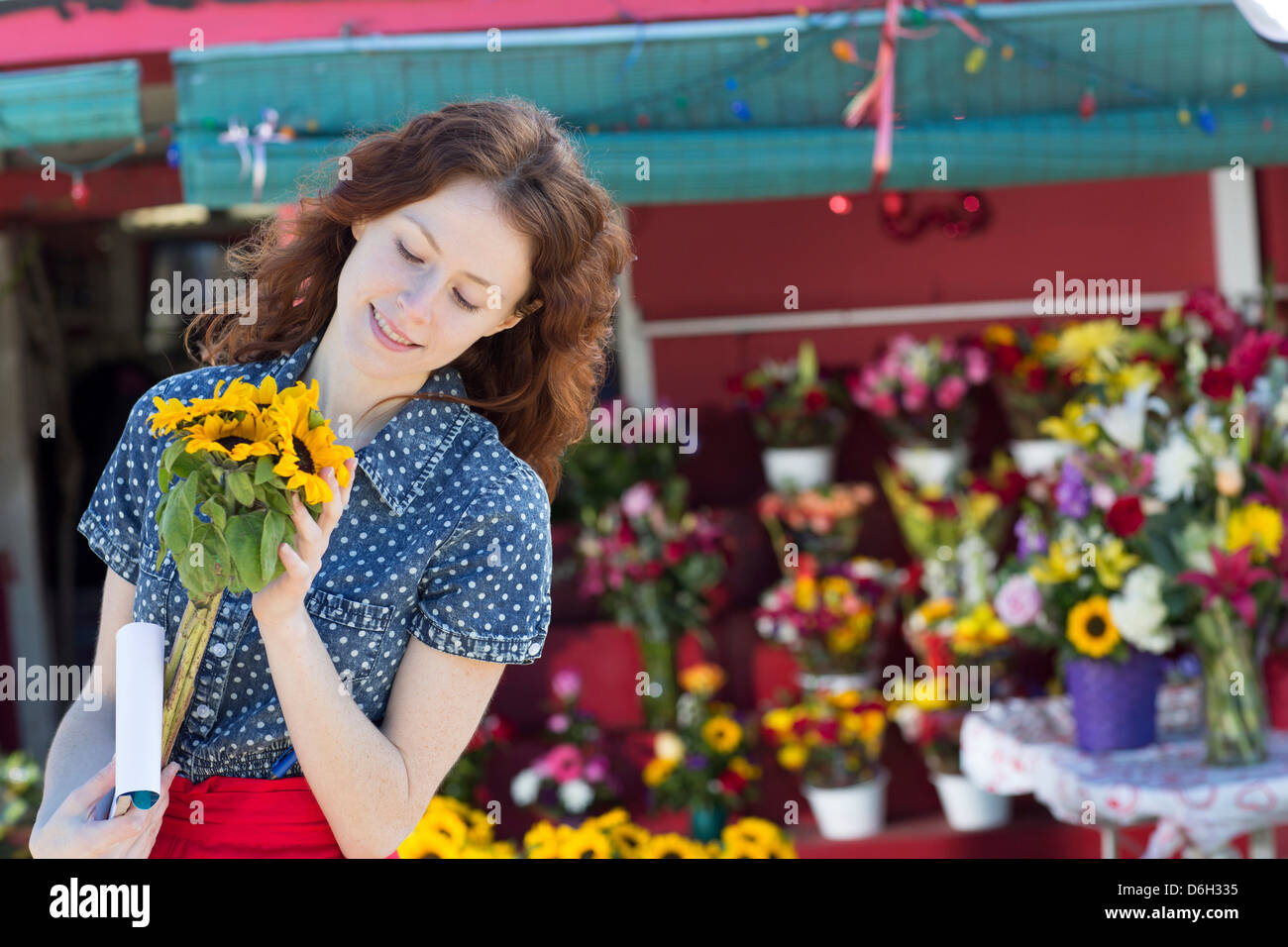 Fioraio azienda fiori in negozio Foto Stock