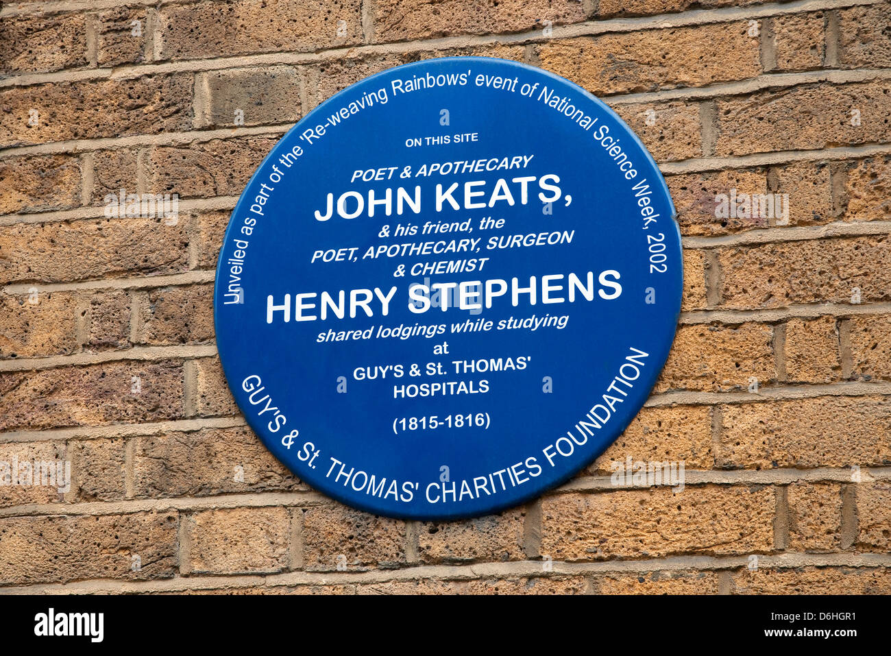 John Keats e henry stephens una lapide commemorativa al di fuori di guy's Hospital di Londra, Inghilterra Foto Stock