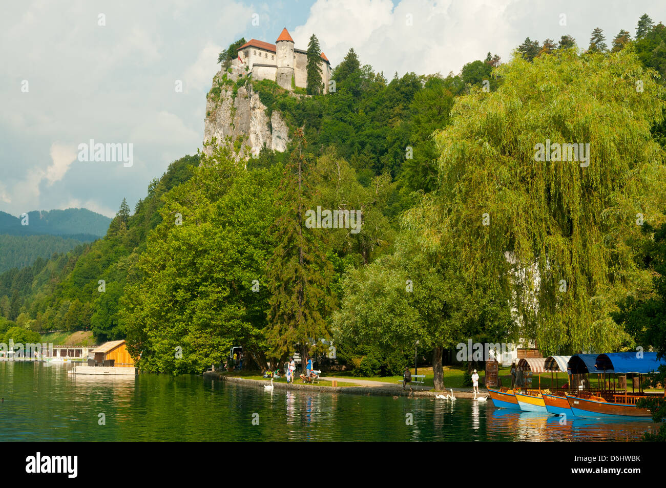 Il castello di Bled e del lago di Bled, Slovenia Foto Stock