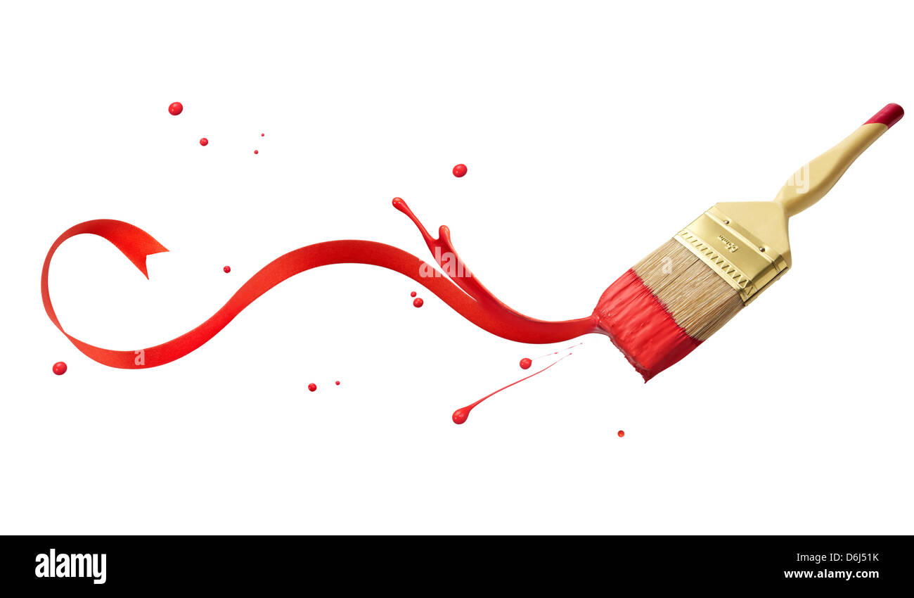 Pennello di verniciatura di un nastro con vernice rossa Foto Stock