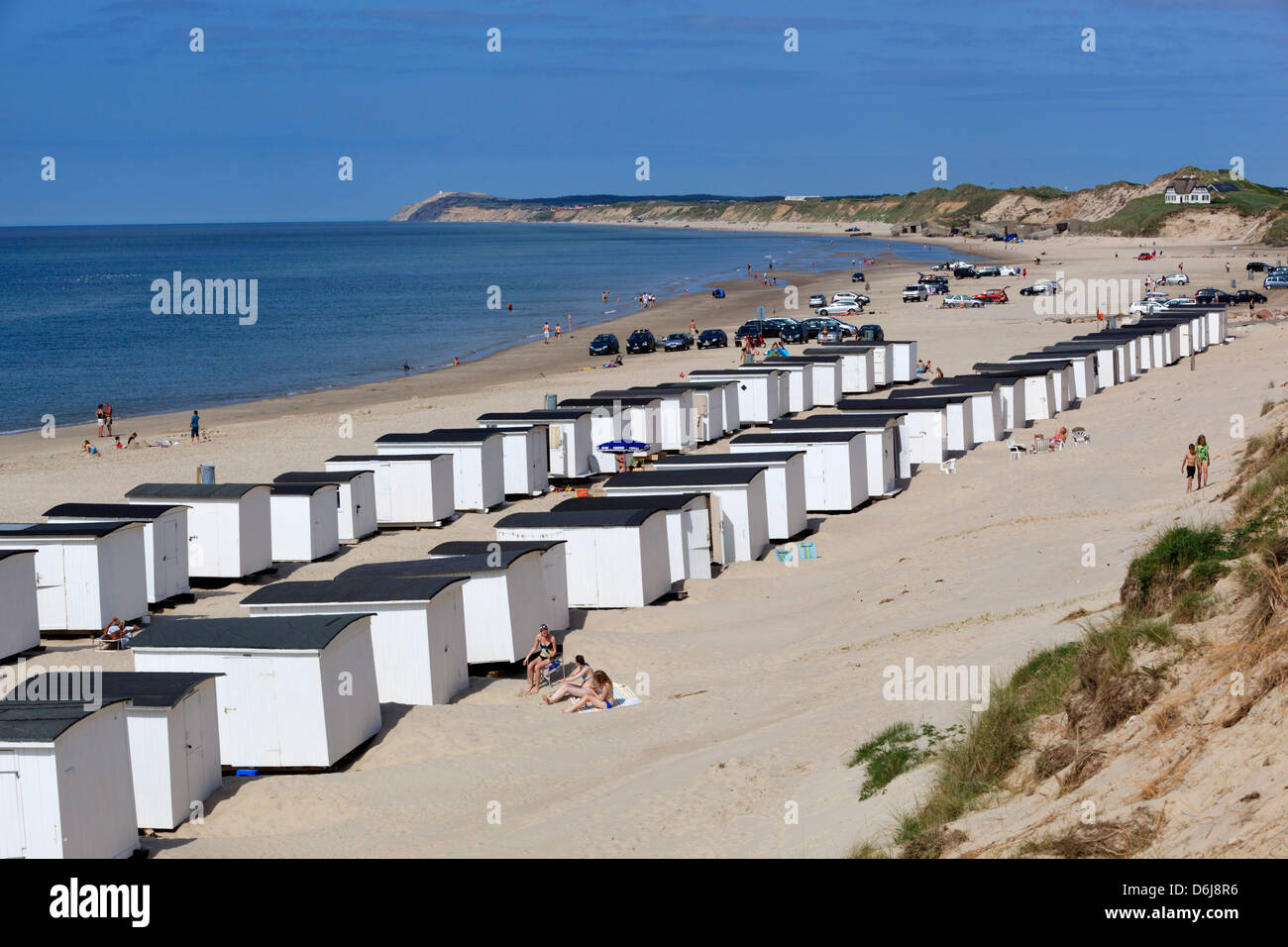 Cabine sulla spiaggia, sulla costa del Mare del Nord, Lokken, nello Jutland, Danimarca, Scandinavia, Europa Foto Stock