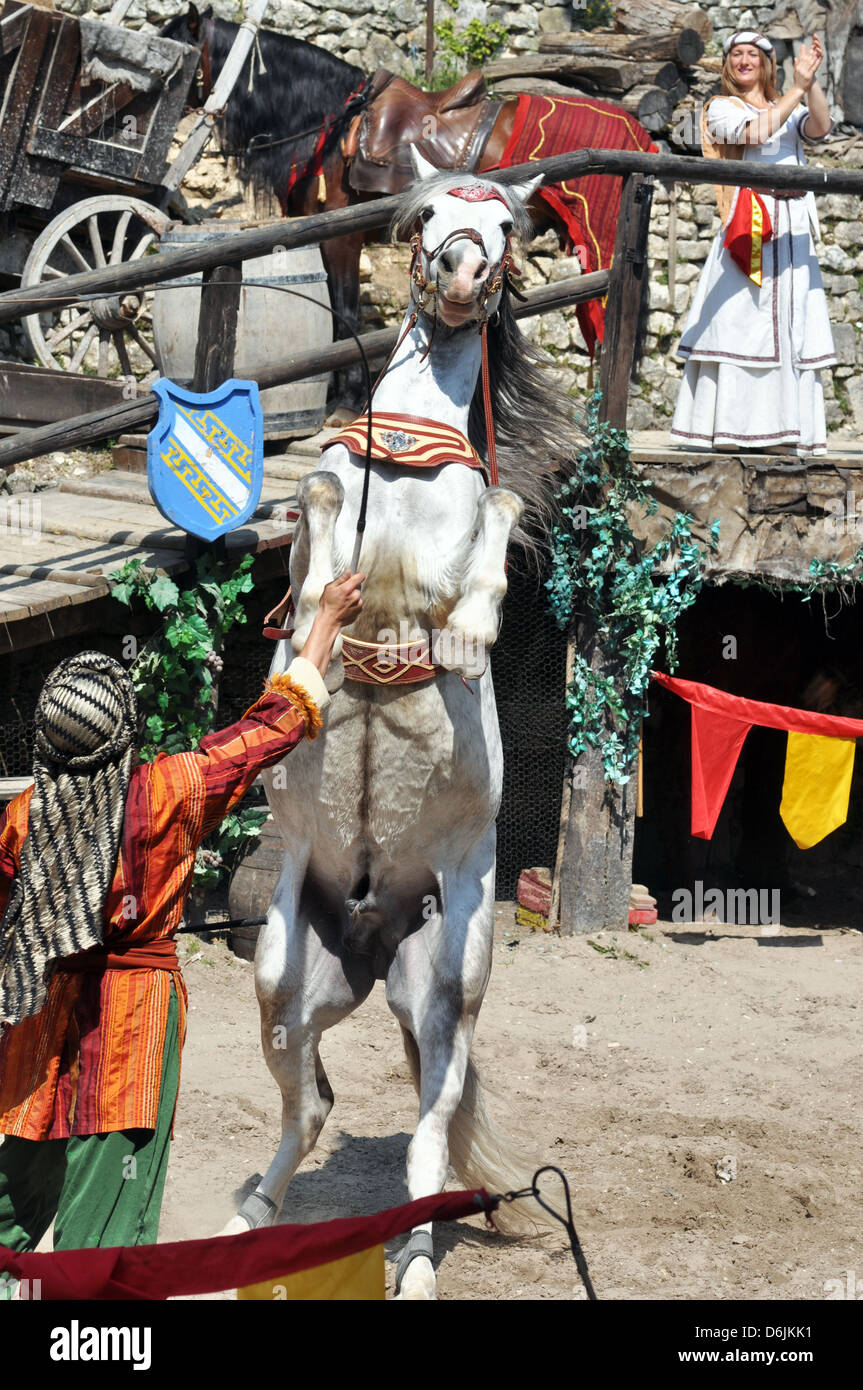 Cavallo medievale e il display mostra - La leggenda dei Cavalieri' a Provins town, a sud di Parigi, Francia. Foto Stock
