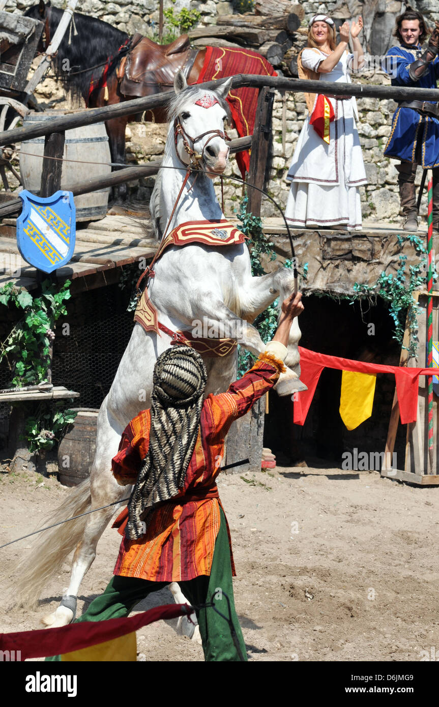 Cavallo medievale e il display mostra - La leggenda dei Cavalieri' a Provins town, a sud di Parigi, Francia. Foto Stock