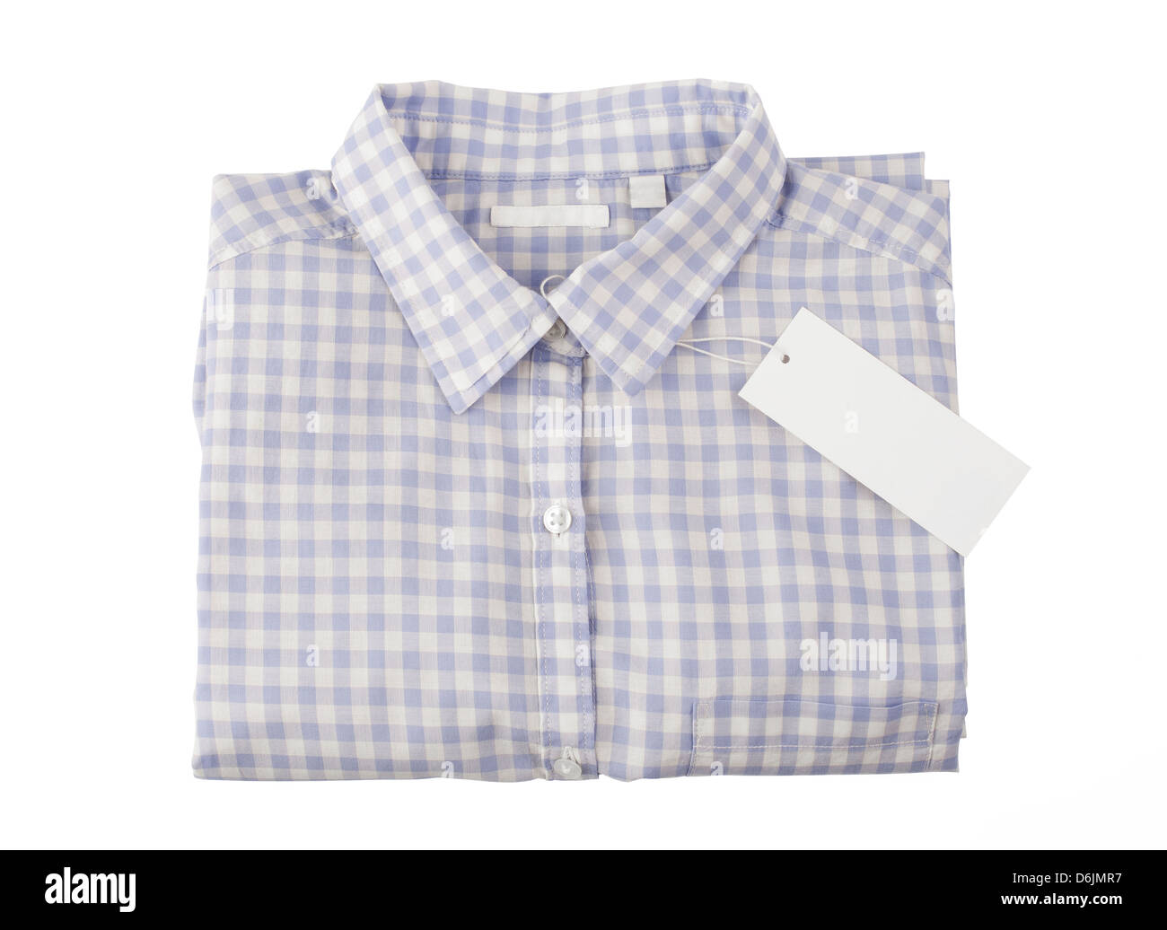 Blue plaid shirt con tag isolati su sfondo bianco Foto Stock