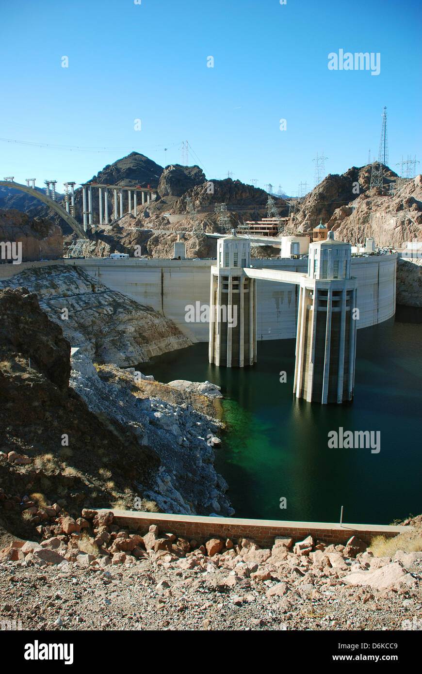 La diga di Hoover in Black Canyon al confine tra le regioni degli Stati Uniti di Arizona e Nevada. Foto Stock