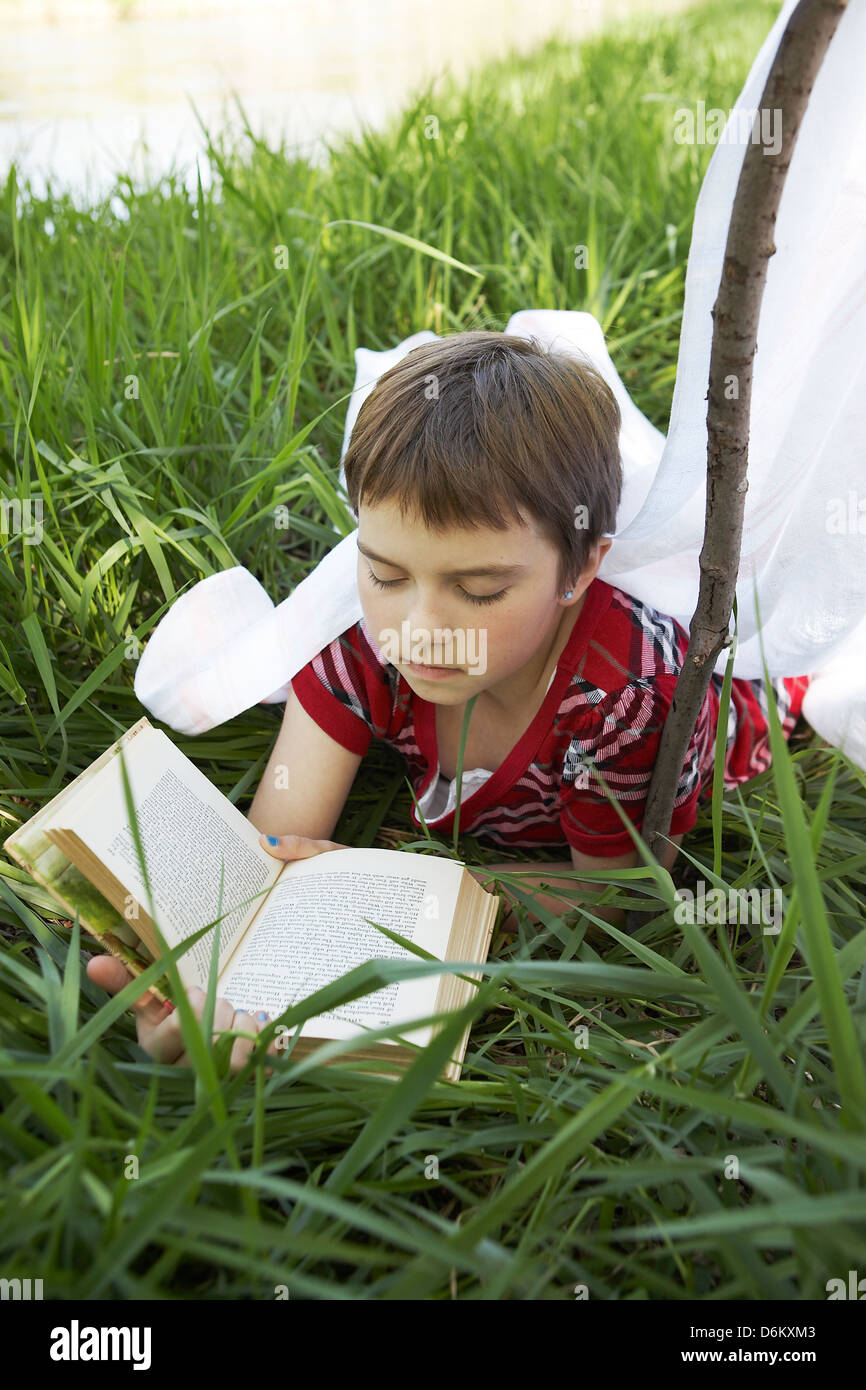 Lettura della ragazza prenota in erba alta Foto Stock