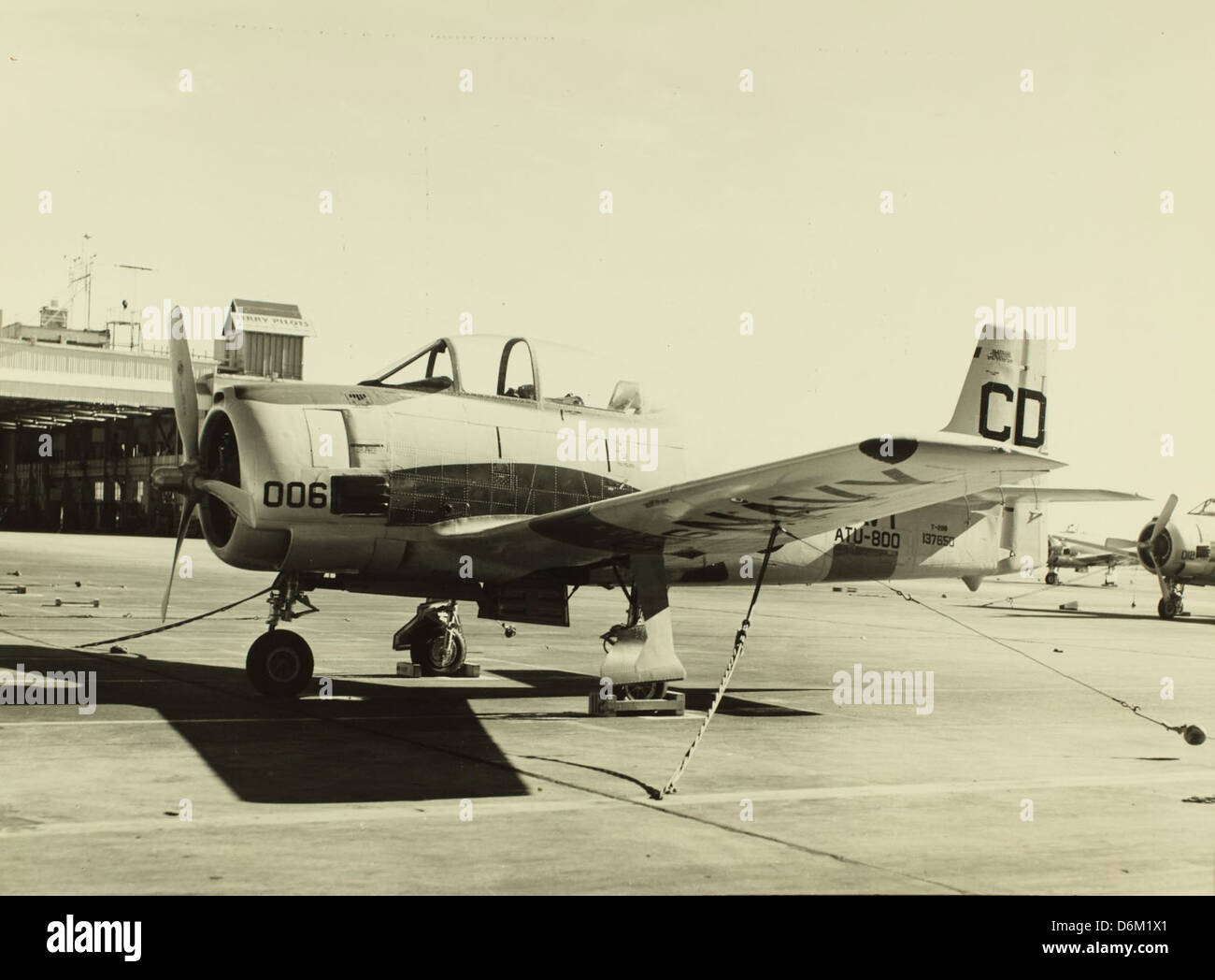 Questa immagine mostra la procedura di ancoraggio standard per assicurare il fissaggio dell'aeromobile T-28, garantendo la sicurezza durante le sue operazioni. La procedura è una parte essenziale dell'aviazione navale, mantenendo la stabilità degli aeromobili durante i periodi non di volo. Foto Stock
