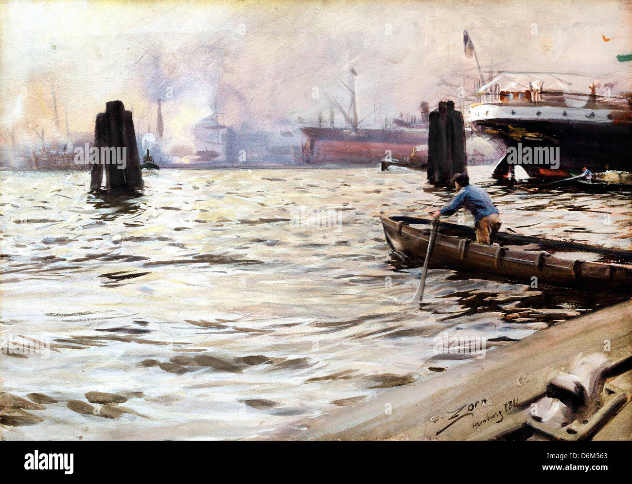 Anders Zorn, porto di Amburgo 1891 acquerello su carta. Nationalmuseum, Stoccolma, Svezia Foto Stock