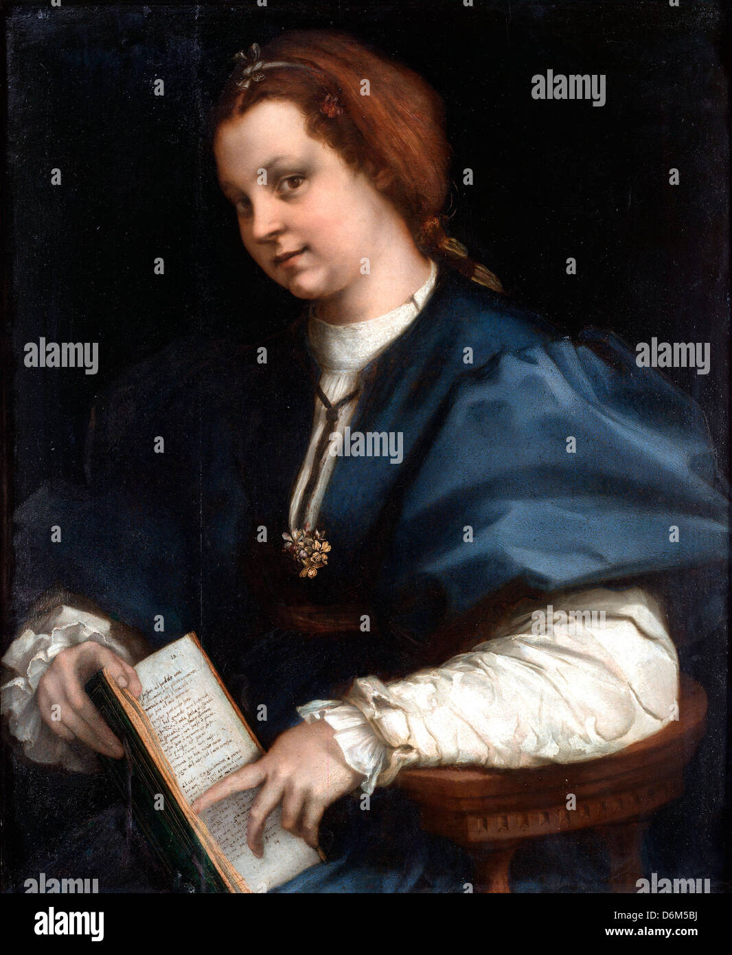 Andrea del Sarto, signora con un libro di Petrarca rima 1528 olio su pannello. Galleria degli Uffizi, Firenze Foto Stock