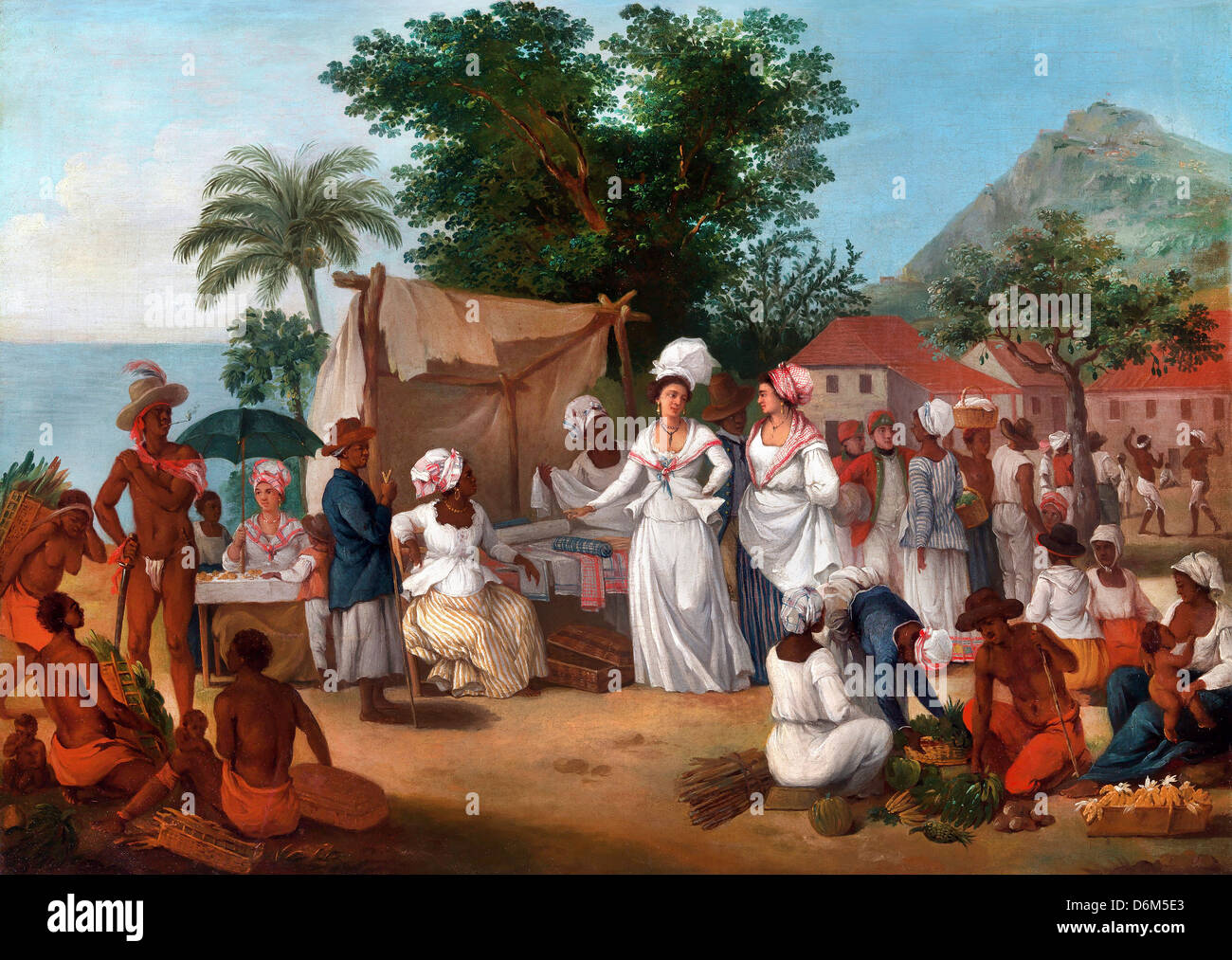 Agostino Brunias, un mercato della biancheria con una biancheria-stallo e venditore vegetali nel West Indies. c 1780 olio su tela. Foto Stock