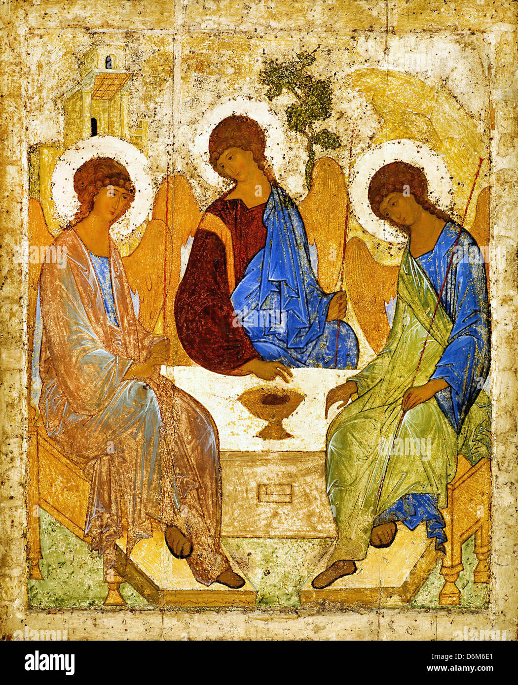 Andrei Rublev, Santa Trinità (Tròjtza) 1425-1427 tempera su legno. Galleria Tretyakov a Mosca, Russia Foto Stock