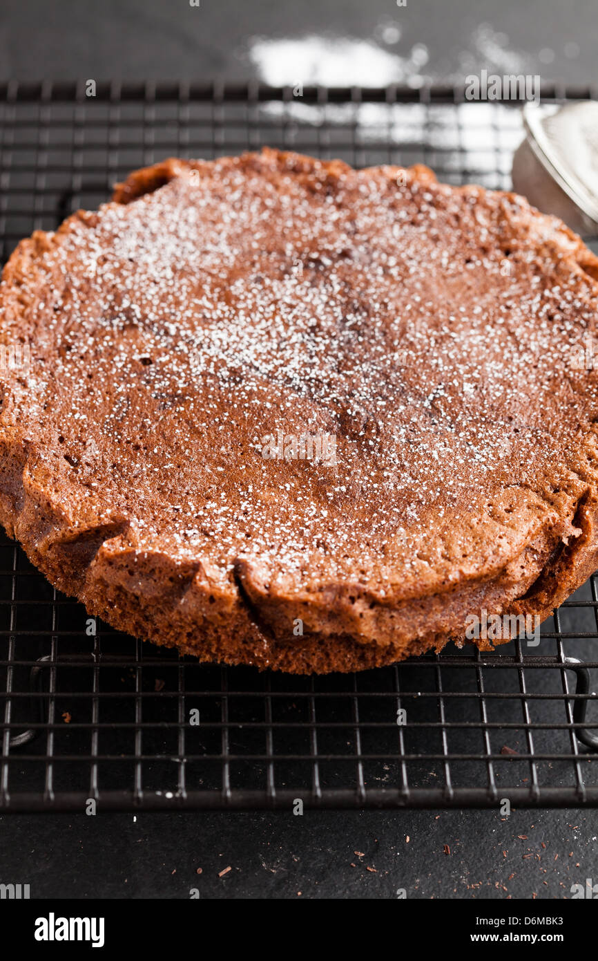 Pane appena sfornato in casa torta al cioccolato su metallo raffreddamento per rack Foto Stock