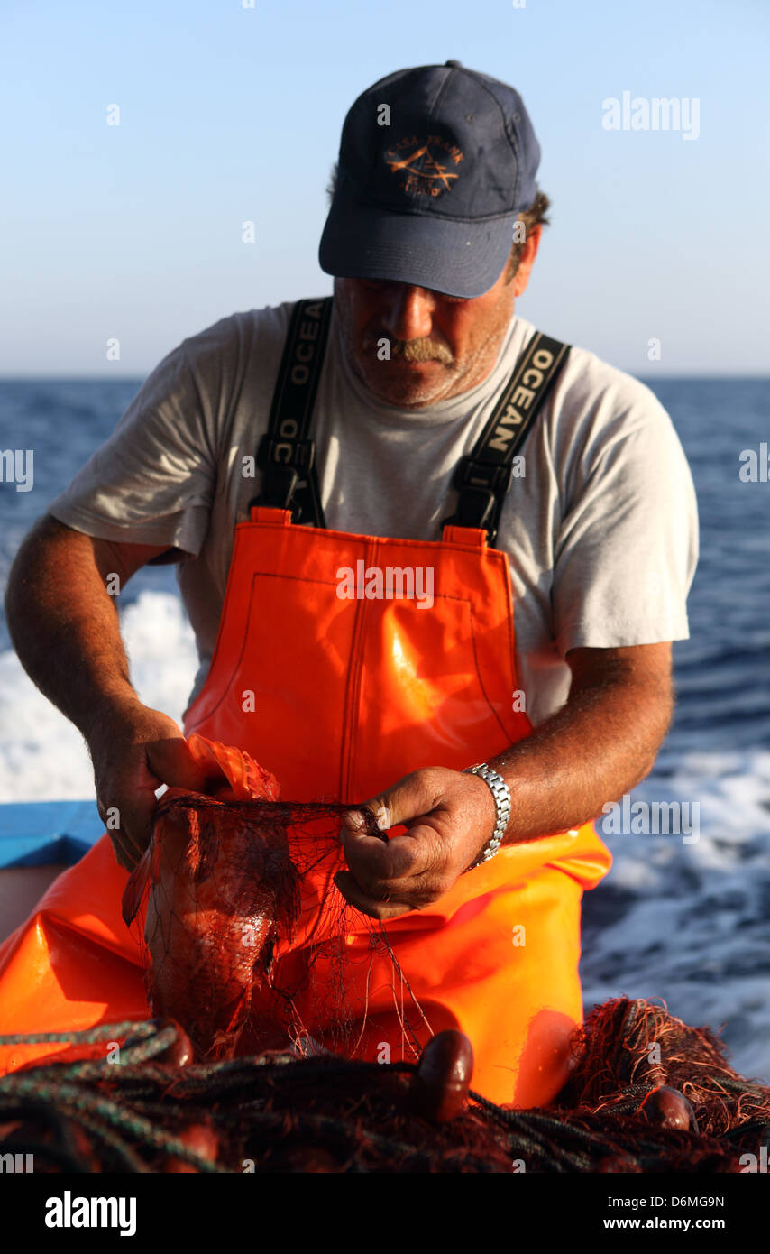 Alicudi, l'Italia, Fischer porta un pesce al di fuori di un net Foto Stock
