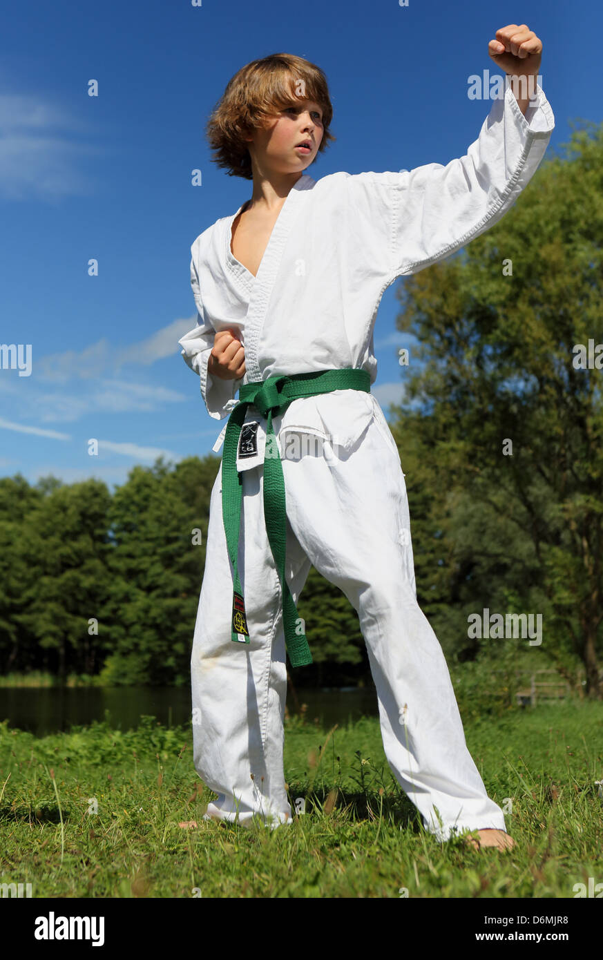 Emstal, Germania, ragazzo in un corso di Taekwondo nella natura Foto Stock