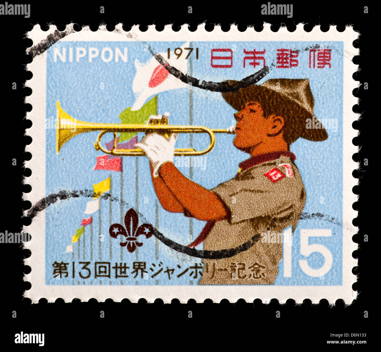 Francobollo dal Giappone raffigurante un boy scout bugler. Foto Stock