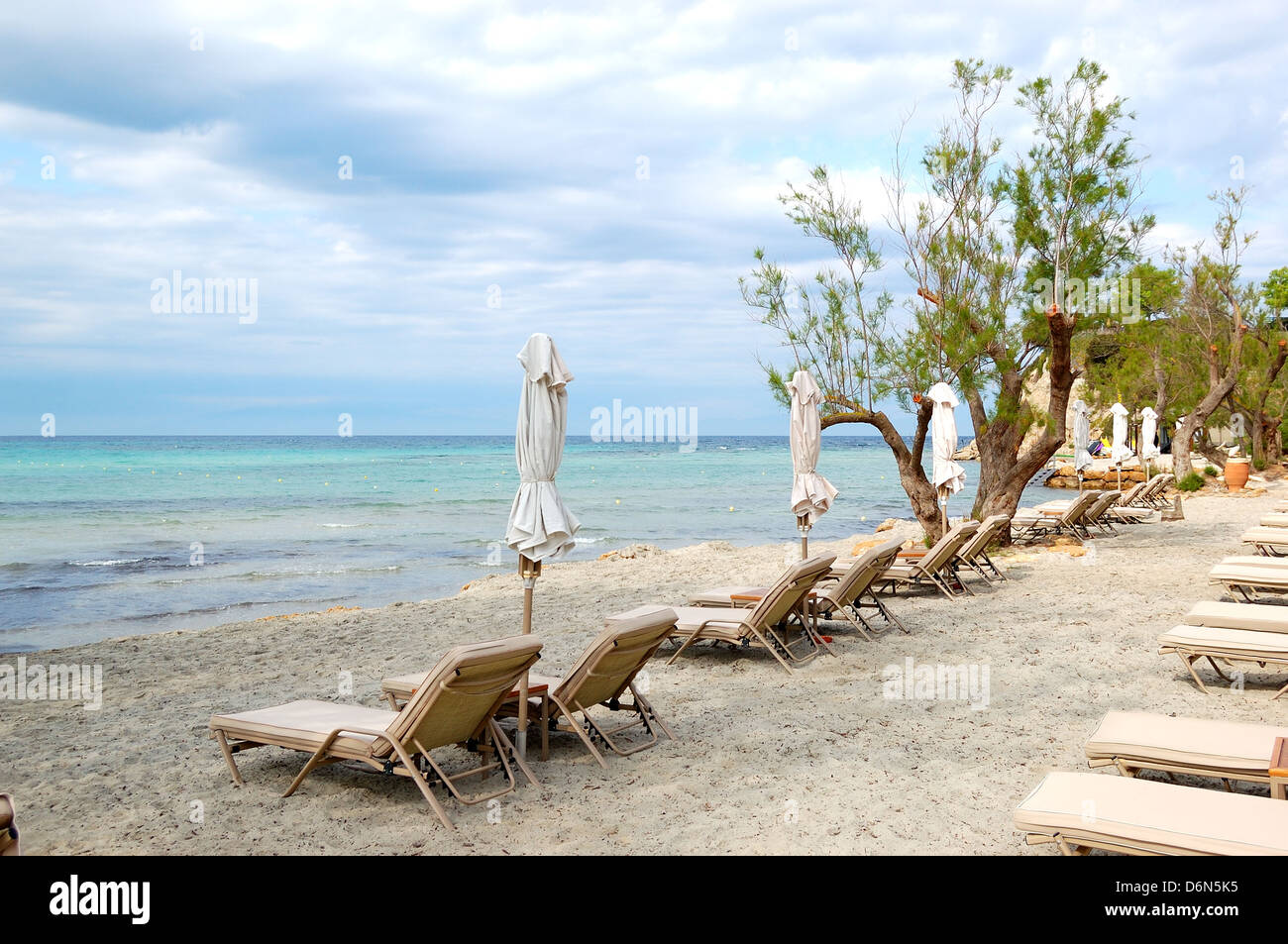 Lettini e fiorito albero su una spiaggia presso il moderno hotel di lusso, Halkidiki, Grecia Foto Stock