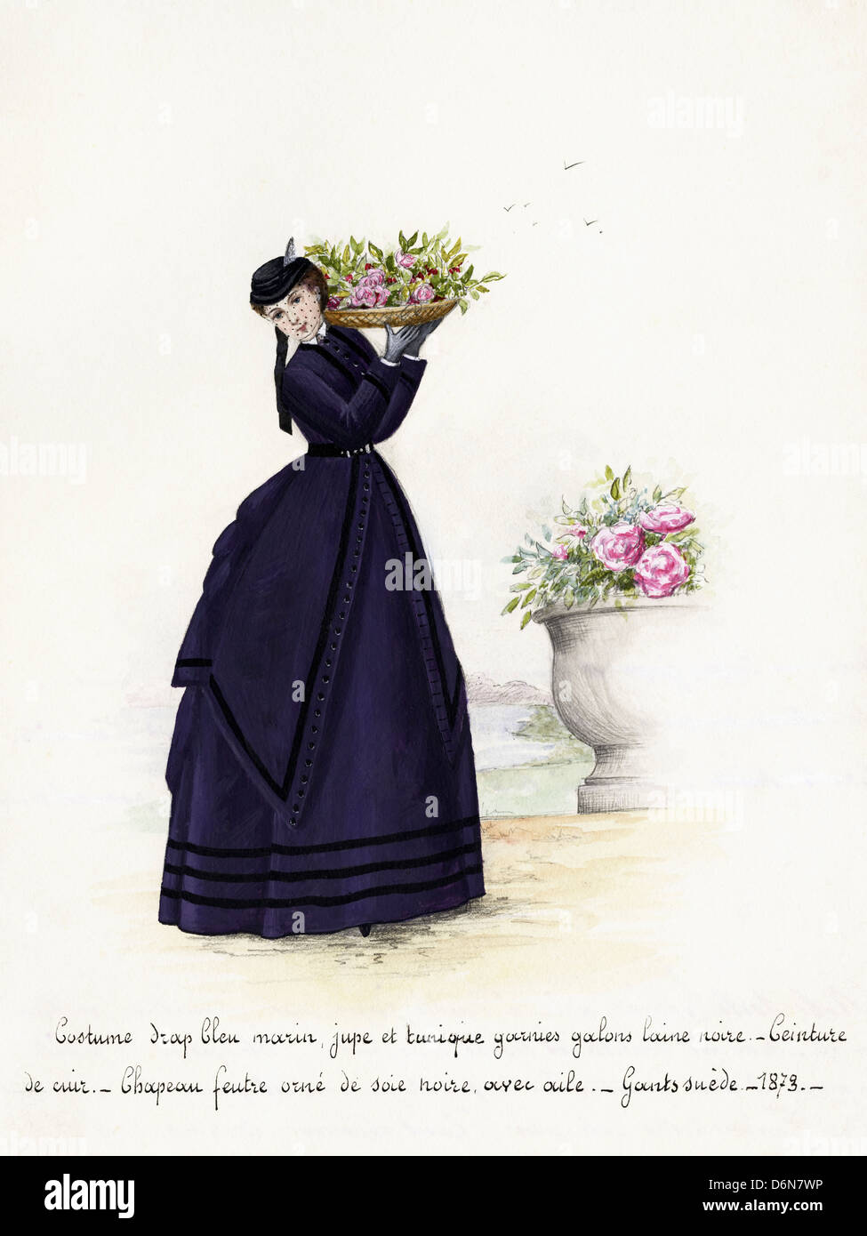 Moda francese dall'era vittoriana datata 1873. Acquerello originale pittura con la descrizione del progetto in lingua francese artista sconosciuto Foto Stock