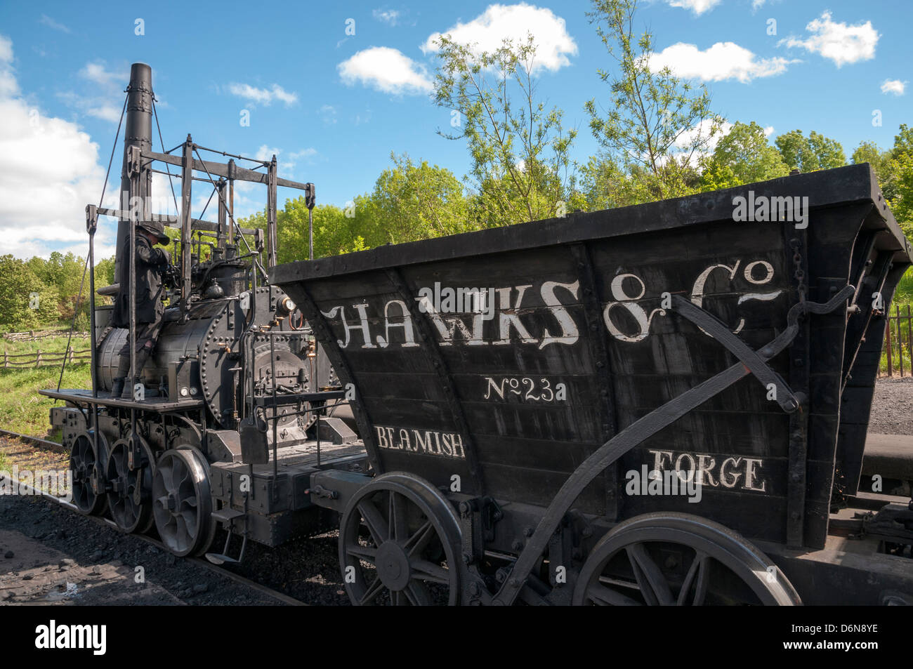 Gran Bretagna, Beamish, Nord dell Inghilterra Open-Air museo vivente di storia, Pockerley Wagonway, replica primi 1800s locomotore Foto Stock