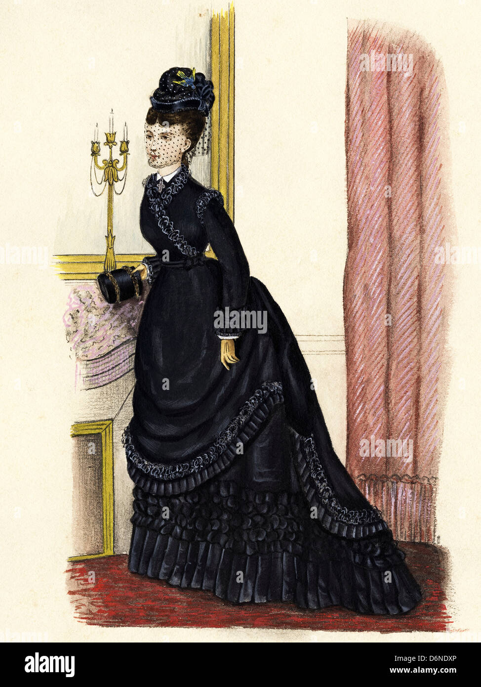 Moda francese dall'era vittoriana datata 1874. Acquerello originale pittura artista sconosciuto Foto Stock
