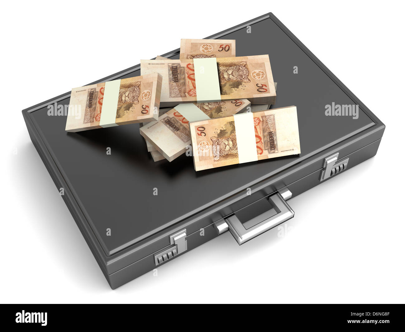 Una valigetta e ai Reales in contanti. 3D reso illustrazione. Foto Stock