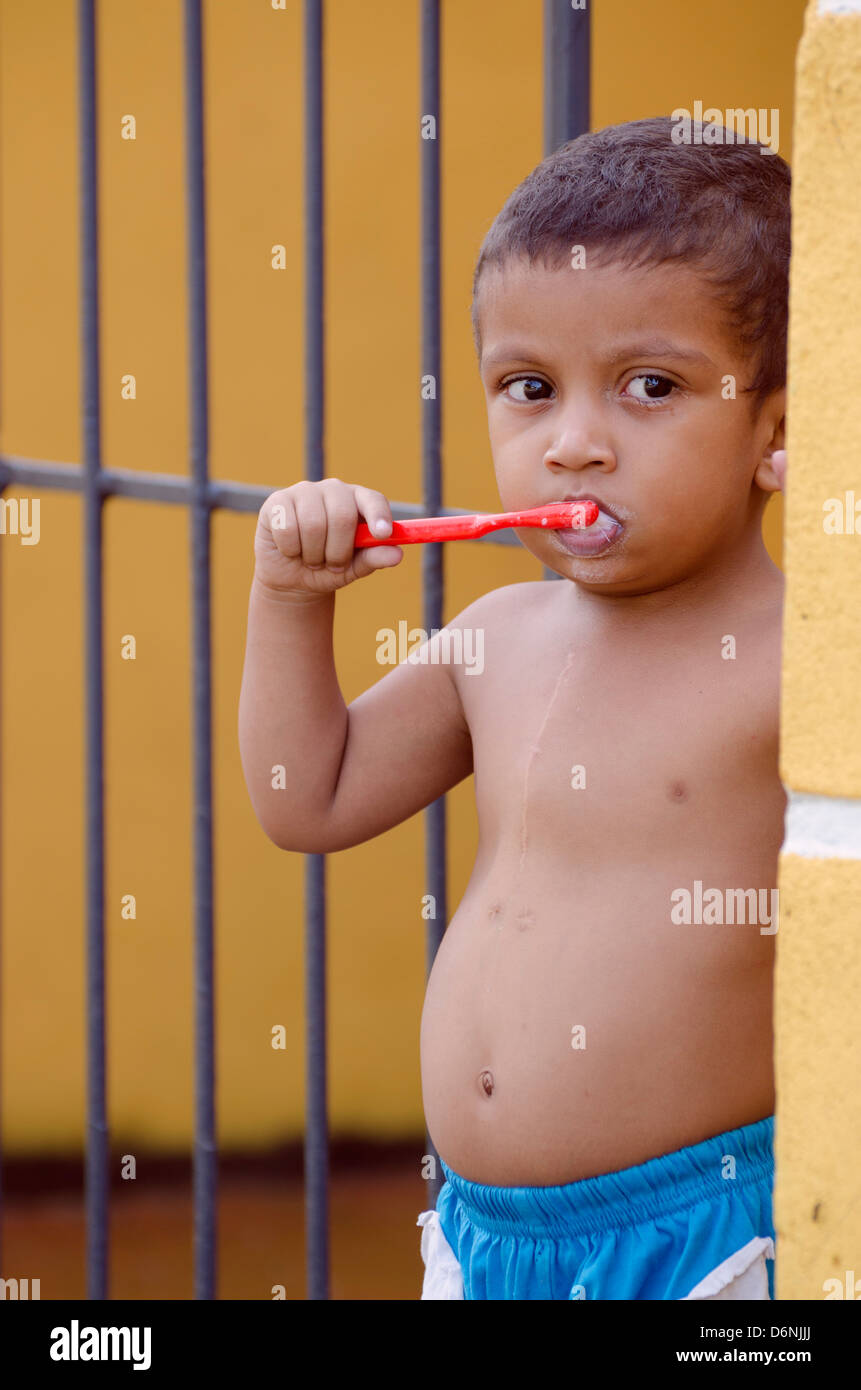 Pulizia del ragazzo i suoi denti della Provincia Meridionale, Sri Lanka, Asia Foto Stock