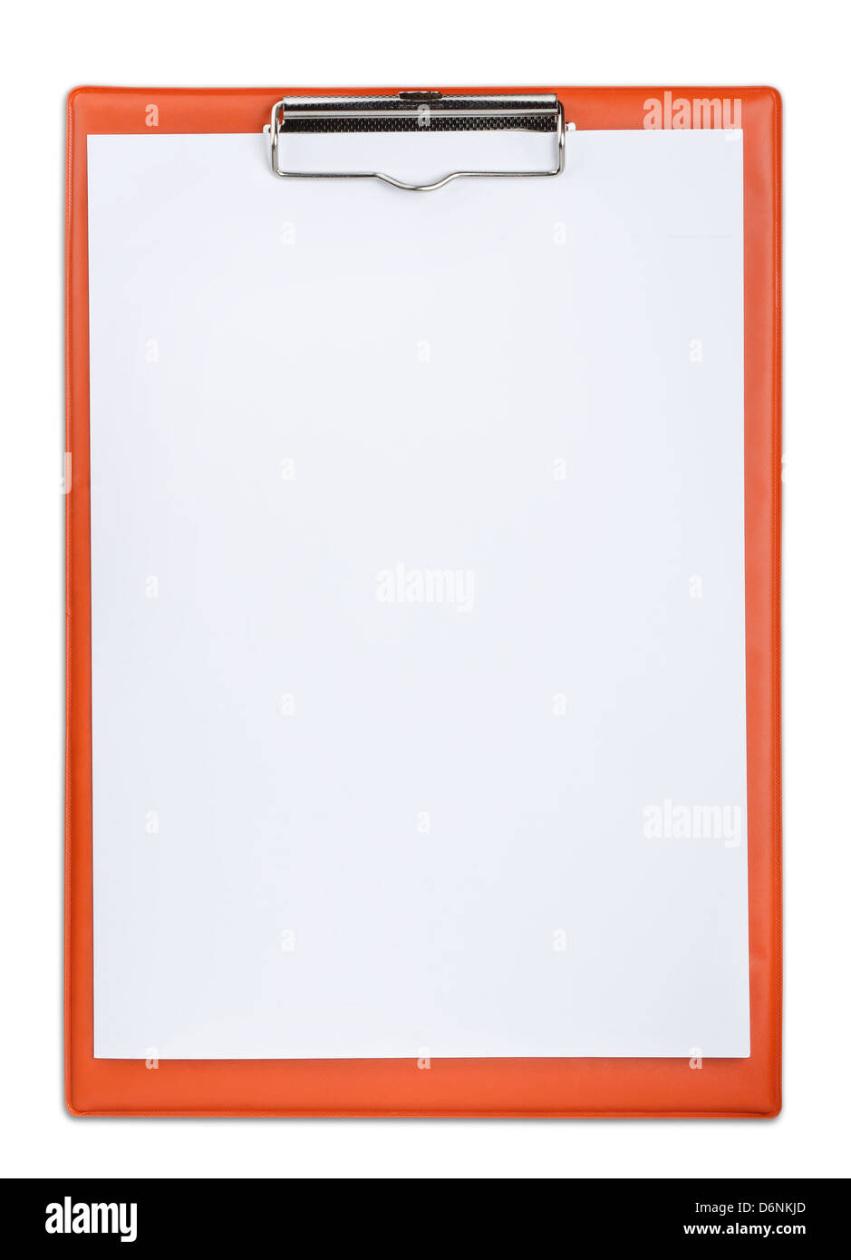 Rosso appunti di plastica vuoto con foglio di carta isolato su bianco Foto Stock